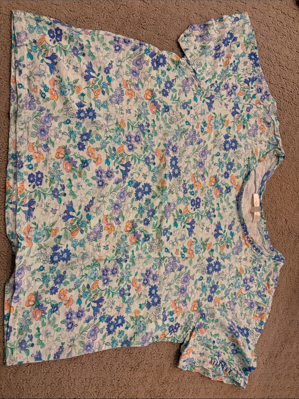 LoveShackFancy White Floral Short-Sleeve Tee with Blue, Purple & Orange Flowers